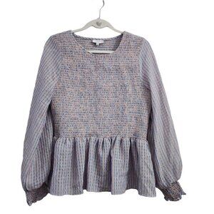 Waverly‎ Grey Anthropologie Blouse Large Blue Ainsley Smocked Peplum Top NWT